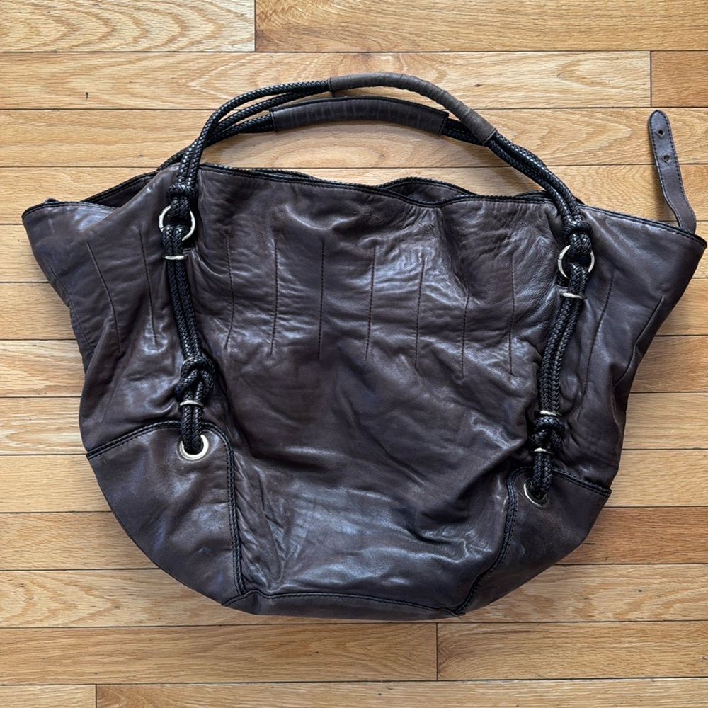 Brown Lambskin Leather Shoulder Bag with Hobo Style and Silver Hardware